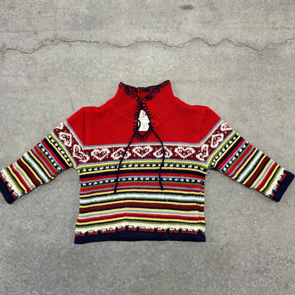 J Kids Red Fair Isle Heart Stripe Lace Up Mock Neck Knit Sweater 12 Months
